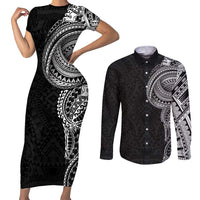 Traditional Polynesian Art Tattoos Couples Matching Short Sleeve Bodycon Dress and Long Sleeve Button Shirt Black Color - Polynesian Pride