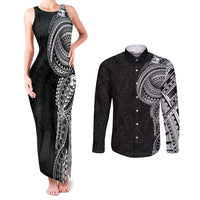 Traditional Polynesian Art Tattoos Couples Matching Tank Maxi Dress and Long Sleeve Button Shirt Black Color - Polynesian Pride