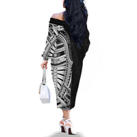 Traditional Polynesian Art Tattoos Family Matching Off The Shoulder Long Sleeve Dress and Hawaiian Shirt Black Color - Polynesian Pride