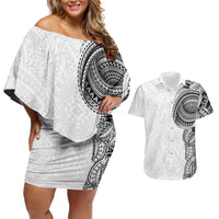 Traditional Polynesian Art Tattoos Couples Matching Off Shoulder Short Dress and Hawaiian Shirt White Color - Polynesian Pride