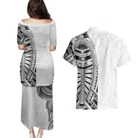 Traditional Polynesian Art Tattoos Couples Matching Puletasi and Hawaiian Shirt White Color - Polynesian Pride