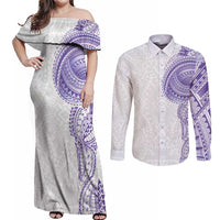 Traditional Polynesian Art Tattoos Couples Matching Off Shoulder Maxi Dress and Long Sleeve Button Shirt Purple Color - Polynesian Pride