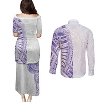 Traditional Polynesian Art Tattoos Couples Matching Puletasi and Long Sleeve Button Shirt Purple Color - Polynesian Pride