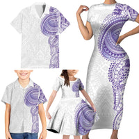 Traditional Polynesian Art Tattoos Family Matching Short Sleeve Bodycon Dress and Hawaiian Shirt Purple Color - Polynesian Pride