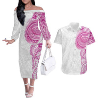 Traditional Polynesian Art Tattoos Couples Matching Off The Shoulder Long Sleeve Dress and Hawaiian Shirt Pink Color - Polynesian Pride