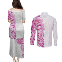 Traditional Polynesian Art Tattoos Couples Matching Puletasi and Long Sleeve Button Shirt Pink Color - Polynesian Pride