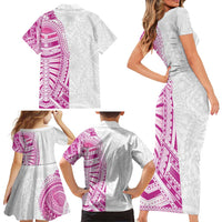 Traditional Polynesian Art Tattoos Family Matching Short Sleeve Bodycon Dress and Hawaiian Shirt Pink Color - Polynesian Pride