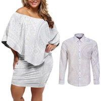 Lotu Tamaiti Couples Matching Off Shoulder Short Dress and Long Sleeve Button Shirt Traditional Samoan Art Tattoos LT03 White - Polynesian Pride