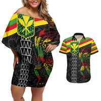 Kanaka Maoli Running Couples Matching Off Shoulder Short Dress and Hawaiian Shirt Kakau Pattern with Kanaka Maoli Flag Color