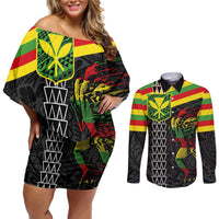 Kanaka Maoli Running Couples Matching Off Shoulder Short Dress and Long Sleeve Button Shirt Kakau Pattern with Kanaka Maoli Flag Color