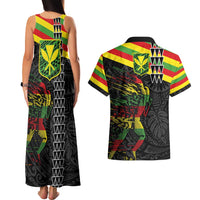 Kanaka Maoli Running Couples Matching Tank Maxi Dress and Hawaiian Shirt Kakau Pattern with Kanaka Maoli Flag Color