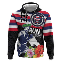 Honolulu Running Race Zip Hoodie Hawaii Marathon Kakau Art with Hibiscus and National Flag Style LT03 Pullover Hoodie Blue and White - Polynesian Pride