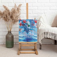 Hawaiian Waves Whale Canvas Wall Art Kakau Art and Tropical Red Hibiscus Flowers