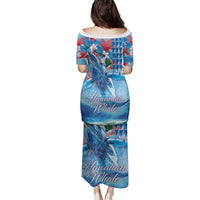 Hawaiian Waves Whale Family Matching Puletasi and Hawaiian Shirt Kakau Art and Tropical Red Hibiscus Flowers