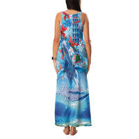 Hawaiian Waves Whale Family Matching Tank Maxi Dress and Hawaiian Shirt Kakau Art and Tropical Red Hibiscus Flowers