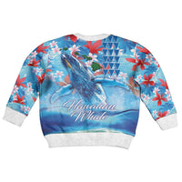 Hawaiian Waves Whale Kid Ugly Christmas Sweater Kakau Art and Tropical Red Hibiscus Flowers