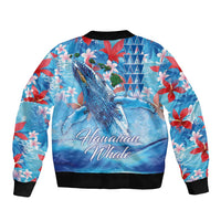 Hawaiian Waves Whale Sleeve Zip Bomber Jacket Kakau Art and Tropical Red Hibiscus Flowers