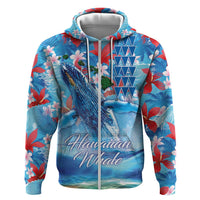 Hawaiian Waves Whale Zip Hoodie Kakau Art and Tropical Red Hibiscus Flowers LT03 Zip Hoodie Blue - Polynesian Pride