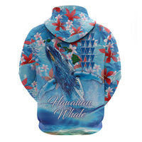 Hawaiian Waves Whale Zip Hoodie Kakau Art and Tropical Red Hibiscus Flowers LT03 - Polynesian Pride