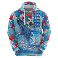Hawaiian Waves Whale Zip Hoodie Kakau Art and Tropical Red Hibiscus Flowers LT03 - Polynesian Pride