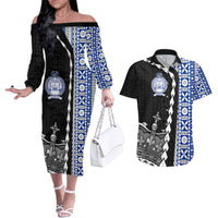 Fiji Queen Victoria School Couples Matching Off The Shoulder Long Sleeve Dress and Hawaiian Shirt Tapa and Polynesian Tribal Pattern Half Style LT03 Black - Polynesian Pride
