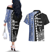 Fiji Queen Victoria School Couples Matching Off The Shoulder Long Sleeve Dress and Hawaiian Shirt Tapa and Polynesian Tribal Pattern Half Style LT03 - Polynesian Pride