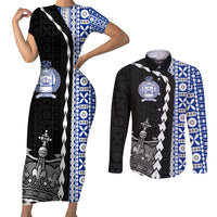 Fiji Queen Victoria School Couples Matching Short Sleeve Bodycon Dress and Long Sleeve Button Shirt Tapa and Polynesian Tribal Pattern Half Style LT03 Black - Polynesian Pride