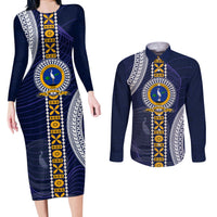 Fiji Ratu Kadavulevu School Couples Matching Long Sleeve Bodycon Dress and Long Sleeve Button Shirt Tapa and Polynesian Tribal Pattern LT03 Blue - Polynesian Pride
