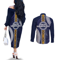 Fiji Ratu Kadavulevu School Couples Matching Off The Shoulder Long Sleeve Dress and Long Sleeve Button Shirt Tapa and Polynesian Tribal Pattern LT03 - Polynesian Pride