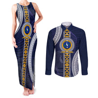 Fiji Ratu Kadavulevu School Couples Matching Tank Maxi Dress and Long Sleeve Button Shirt Tapa and Polynesian Tribal Pattern LT03 Blue - Polynesian Pride