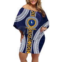 Fiji Ratu Kadavulevu School Family Matching Off Shoulder Short Dress and Hawaiian Shirt Tapa and Polynesian Tribal Pattern LT03 Mom's Dress Blue - Polynesian Pride