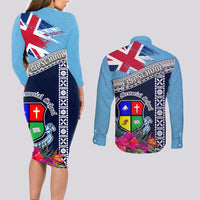 Fiji Lelean Memorial School Couples Matching Long Sleeve Bodycon Dress and Long Sleeve Button Shirt Tapa and Polynesian Tribal Pattern LT03 - Polynesian Pride