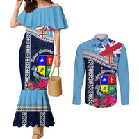 Fiji Lelean Memorial School Couples Matching Mermaid Dress and Long Sleeve Button Shirt Tapa and Polynesian Tribal Pattern LT03 Blue - Polynesian Pride