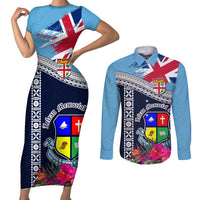 Fiji Lelean Memorial School Couples Matching Short Sleeve Bodycon Dress and Long Sleeve Button Shirt Tapa and Polynesian Tribal Pattern LT03 Blue - Polynesian Pride