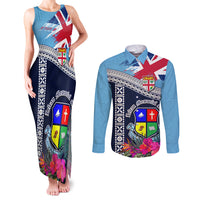 Fiji Lelean Memorial School Couples Matching Tank Maxi Dress and Long Sleeve Button Shirt Tapa and Polynesian Tribal Pattern LT03 Blue - Polynesian Pride