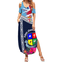 Fiji Lelean Memorial School Family Matching Summer Maxi Dress and Hawaiian Shirt Tapa and Polynesian Tribal Pattern LT03 Mom's Dress Blue - Polynesian Pride