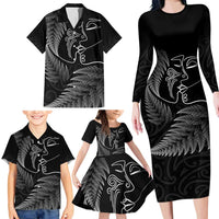 New Zealand Valentine's Day Family Matching Long Sleeve Bodycon Dress and Hawaiian Shirt Silver Fern and Line Art Love Couple LT03 - Polynesian Pride