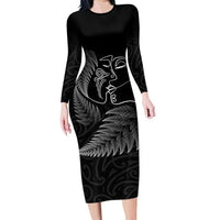 New Zealand Valentine's Day Family Matching Long Sleeve Bodycon Dress and Hawaiian Shirt Silver Fern and Line Art Love Couple LT03 Mom's Dress Black - Polynesian Pride