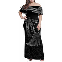 New Zealand Valentine's Day Family Matching Off Shoulder Maxi Dress and Hawaiian Shirt Silver Fern and Line Art Love Couple LT03 Mom's Dress Black - Polynesian Pride