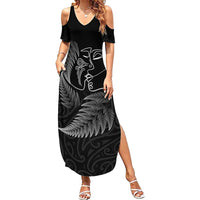 New Zealand Valentine's Day Family Matching Summer Maxi Dress and Hawaiian Shirt Silver Fern and Line Art Love Couple LT03 Mom's Dress Black - Polynesian Pride