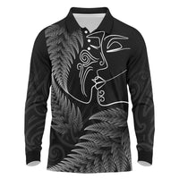 New Zealand Valentine's Day Long Sleeve Polo Shirt Silver Fern and Line Art Love Couple LT03 Black - Polynesian Pride