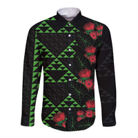 Hawaiian Green Kakau Art Tattoo-Ohia Lehua and Taro Leaves Long Sleeve Button Shirt
