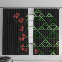 Hawaiian Green Kakau Art Tattoo-Ohia Lehua and Taro Leaves Window Curtain LT03 With Hooks Black-Green - Polynesian Pride