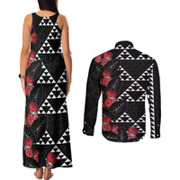 Hawaiian White Kakau Art Tattoo-Ohia Lehua and Taro Leaves Couples Matching Tank Maxi Dress and Long Sleeve Button Shirt