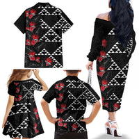 Hawaiian White Kakau Art Tattoo-Ohia Lehua and Taro Leaves Family Matching Off The Shoulder Long Sleeve Dress and Hawaiian Shirt