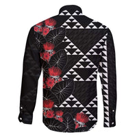 Hawaiian White Kakau Art Tattoo-Ohia Lehua and Taro Leaves Family Matching Off The Shoulder Long Sleeve Dress and Hawaiian Shirt