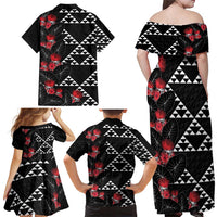 Hawaiian White Kakau Art Tattoo-Ohia Lehua and Taro Leaves Family Matching Off Shoulder Maxi Dress and Hawaiian Shirt