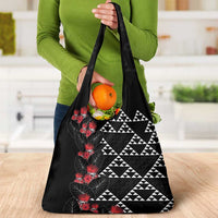 Hawaiian White Kakau Art Tattoo-Ohia Lehua and Taro Leaves Grocery Bag LT03 - Polynesian Pride
