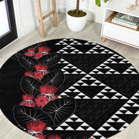 Hawaiian White Kakau Art Tattoo-Ohia Lehua and Taro Leaves Round Carpet LT03 Black-White - Polynesian Pride