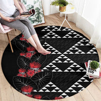 Hawaiian White Kakau Art Tattoo-Ohia Lehua and Taro Leaves Round Carpet LT03 - Polynesian Pride